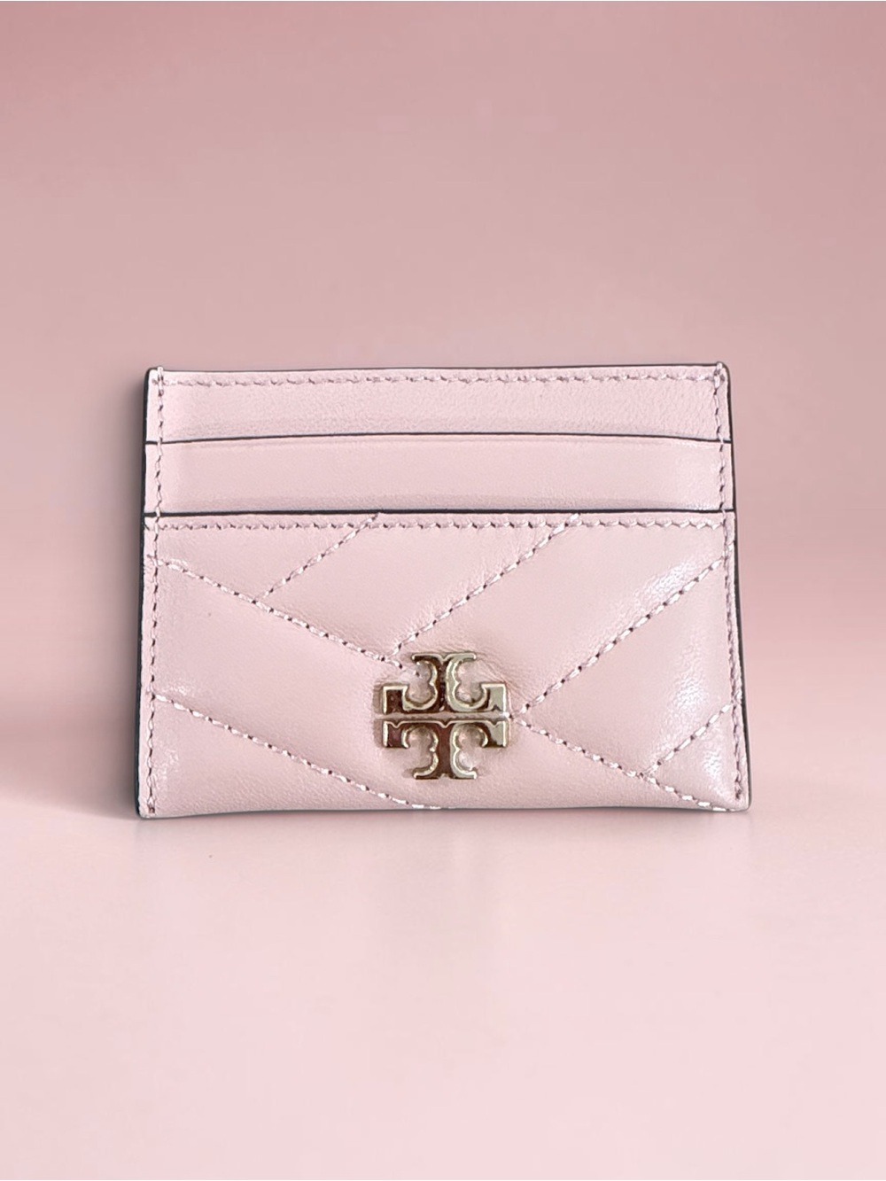 Tory Burch Light Pink Quilted Leather Card Case with Gold Logo